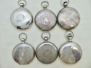 6 Antique SILVER Pocket Watches Key Wind Key Set E Howard - Elgin - 1859 Waltham