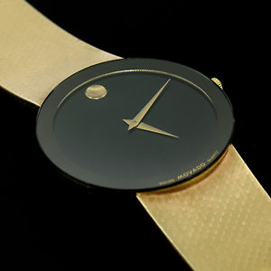 Vintage Men's Movado Black Museum Dial Wrist Watch Solid 14K Gold Mesh Bracelet