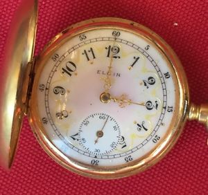 1908 Elgin 14k SOLID GOLD Grade 320 Double Hunter & 10K Gold & Diamond FOB