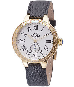 GV2 by Gevril Women's 9107 Astor Diamonds Yellow Gold IP Black Leather Watch