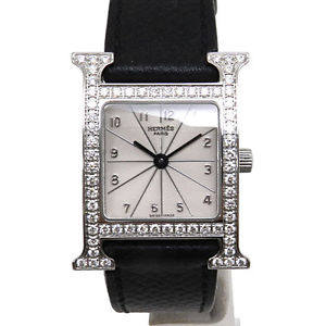 HERMES H Watch Bezel Diamonds Diamond Ref HH1.230 SS Quartz Used Black Leather