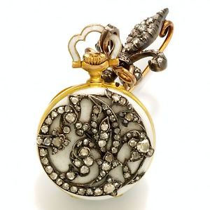 Antique 18K White Enamel Diamond Pendant Watch with Fleur-de-lis Pin Pin C1895