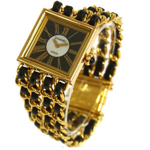 Auth CHANEL CC Logos Mademoiselle Watch Wristwatch Leather 18K Ladies YG00113