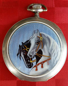 Antique 0.935 Silver guilloche Enamel Pocket watch Horse pair For Repair Project