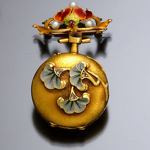 Art Nouveau Enamel & Pearl Enhanced Lady’s 18K Gold Pendant Watch CA1890
