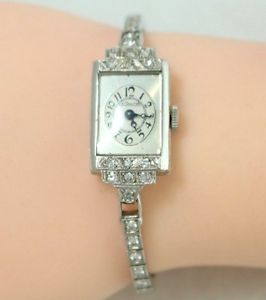 Vintage Le Coulete 14k White Gold Diamond Ladies Bracelet Wristwatch