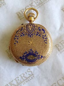 Antique 18k Blue Enamel Etched pocket Watch Cuendet Frères ser # 14530 19 jewels
