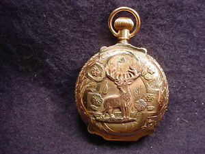 MULTI COLORED 14 KT GOLD WALTHAM 6 SIZE HUNTING BOX CASE RUNNING WATCH!!  #5566