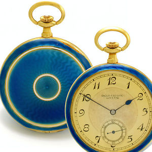 18K Gold Starburst Blue Enamel Case Swiss Pocket Watch by Oscar Fresard Lucerne