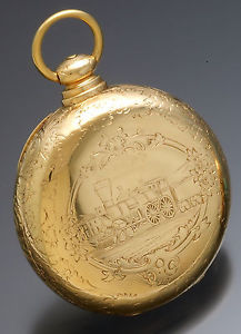 LARGE 60MM 14K GOLD LOCOMOTIVE CASE RAILWAY FUSEE TIME KEEPER POCKET WATCH