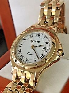 Authentic Ladies Geneve Solid 14K 585 Yellow Gold Swiss Quartz Watch 60.6Gr Rare