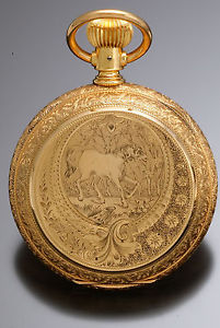 Large Antique Waltham Pocket Watch 14K Gold 18 Size Equestrian Design Case C1891