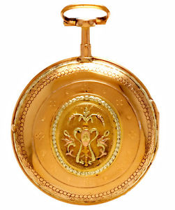 18K Multi-Colored Gold Repousse Swing-Out Case Pocket Watch & Key, Verge Fusee