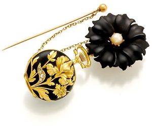 Wonderful Ladies 18K Gold Floral Overlay on Black Enamel Pendant Watch CA1890