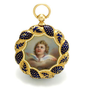 18K GOLD ENAMELED CHERUB SCALLOPED EDGE LADIES POCKET WATCH CA1880s