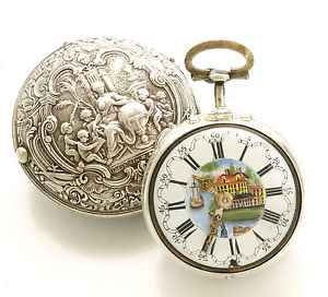 Rare Signed Repousse Early Verge Pair Case With Fancy Dial Pocket Watch & Key