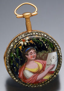 Early Gilt Verge Fusee Enamel Pocket Watch With Fancy Painted Dial