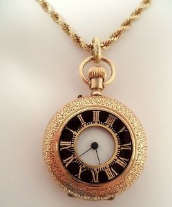 14K Gold Demi Hunter Pocket Watch 10 Ruby Cylinder Anchor Back & 28"  14K Chain