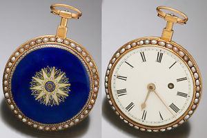 ANTIQUE POCKET WATCH | 18K GOLD BLUE ENAMEL & PEARL CASE LEVER COVERSION FUSEE