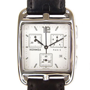 Hermes Cape Cod Chrono SS Leather Quartz Watch CC1.910 White Used Mint Rare