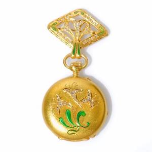 SWISS ULYSSE NARDIN 18K SOLID GOLD DIAMONDS ENAMEL PENDANT POCKET WATCH & BROOCH