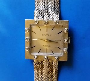 Womens Beltex18K White Gold Diamonds Vintage Watch Mechanical Movement 17 Jewels