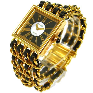 Auth CHANEL CC Mademoiselle Watch Wristwatch Leather 18K Ladies Vintage V14213