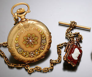 Scalloped Edge Multicolor Gold Hunter Case Pocket Watch with Chain & Cameo Fob