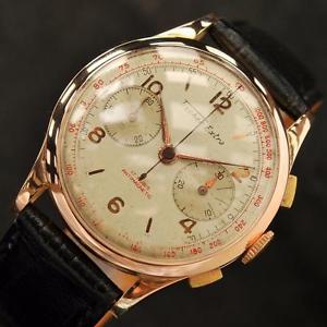 LARGE 18K SOLID GOLD VINTAGE CHRONOGRAPH FISHER EXTRA ORIGINAL SWISS GENTS WATCH