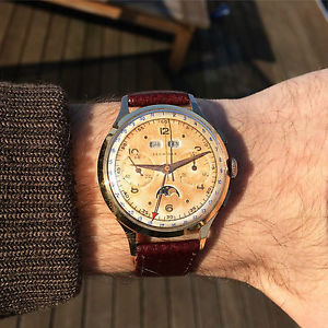 Vintage watch LEONIDAS 18k rose yellow gold montre swiss chronograph moonphase