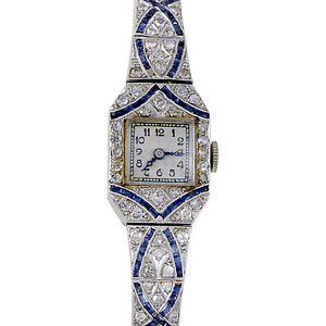 Womens Art Deco Platinum Diamond and Sapphire Quartz Wrist Watch