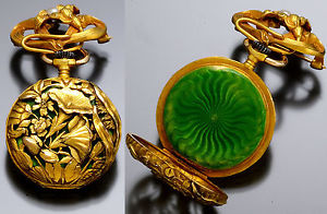 Art Nouveau Floral Case with Green Enamel Background 18K Gold Pendant Watch 1895