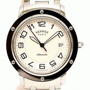Authentic Hermes Clipper Wrist Watch Men Automatic Stainless Steel Silver White