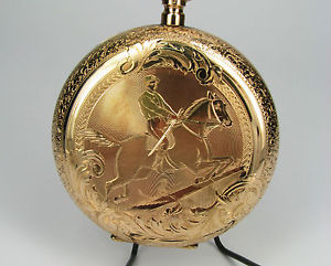 Antique pocket watch, 14 kts solid gold, horses / equestrian escene, excellent !
