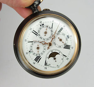 Vintage & Big pocket watch, triple calendar & moonphase, metal gun, excellent !!