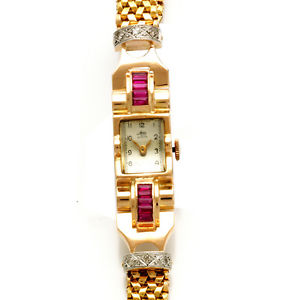 WOMEN'S 18K PINK GOLD DIAMOND AND SYNTHETIC RUBY RETRO BRACELET WATCH