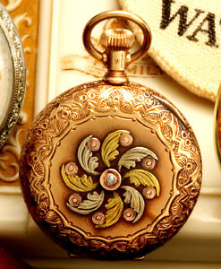 ANTIQUE 14K MULTICOLOR GOLD LADIES WALTHAM POCKET WATCH CA1891 WITH BOX