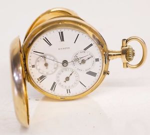 Rare Antique Geneve Day Date Seconds 18K Gold Swiss French Pocket Watch