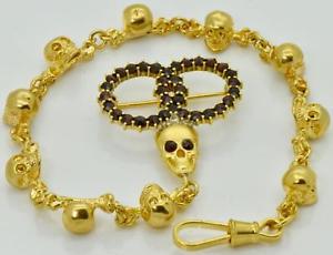 Victorian 18K GOLD PLATED MEMENTO MORI SKULLS&BONES pocket watch chain.Garnets