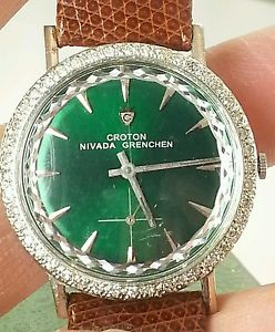 Vintage Men 14k 1ct DIAMOND BEZEL Croton Nivada Grenchen Rare Emerald Dial Watch