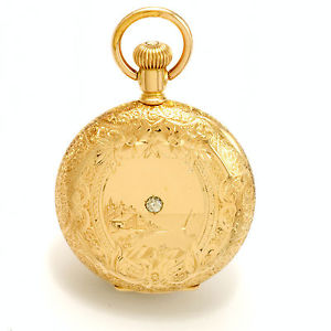 Rare 14K Gold Ball Queen Ladies Hunter Case Lapel Watch With Diamond CA1905