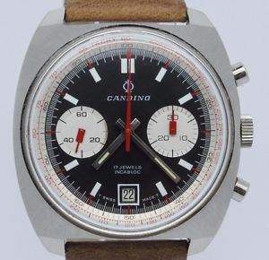 VINTAGE Candino 40mm Steel Chronograph Mens Watch Valjoux 7734 Racing Rev Panda