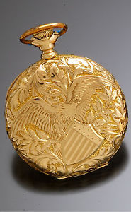 RARE HAMPDEN POCKET WATCH 21 JEWEL 14 SIZE 14K GOLD AMERICAN PATRIOTIC CASE