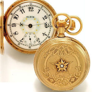 17 Jewel 18 Size 14K Rose Gold Hunter Case Elgin Pocket Watch  Fancy Dial CA1896