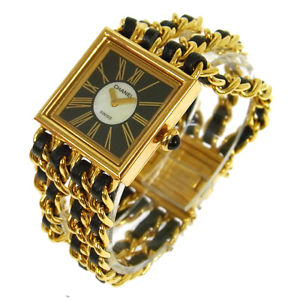 Auth CHANEL CC Logos Mademoiselle Watch Wristwatch Leather 18K Ladies V14218