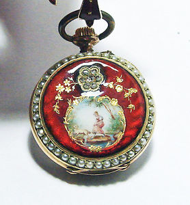 NOUVEAU Swiss LAPEL ENAMEL GOLD Watch L. QUARTIER