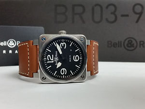 BELL & ROSS Aviation Type Military Spec BR 03-92 SS Black Dial Brown Band MINT!!