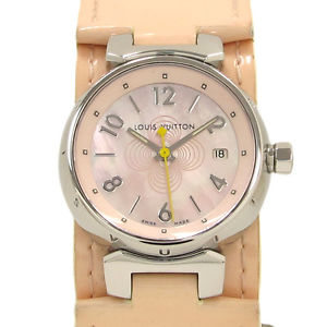 LOUIS VUITTON Tambour Q1216 SS Leather Pink Shell Watch Body Only FS MC #1090