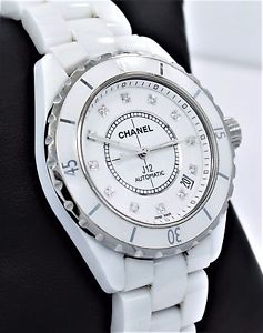 Chanel J12 MIDSIZE 38mm White Ceramic Fact Diamond Dial Auto Watch B/PAPER H1629