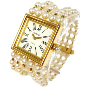 Authentic CHANEL CC Logos Pearl Mademoiselle Watch Wristwatch 18K Ladies V00096